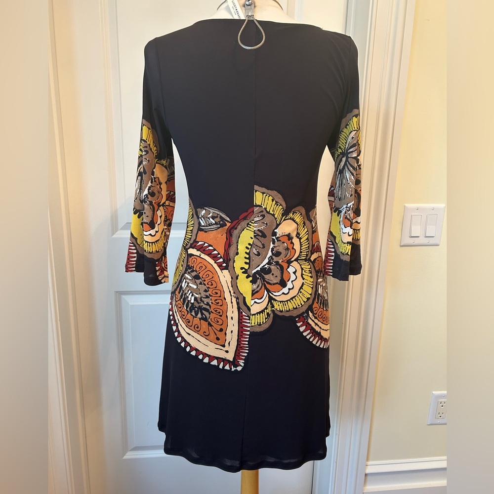 Papillon Blanc Long Sleeve Black A-Line Dress with Vibrant Floral Accents - Picture 3 of 8